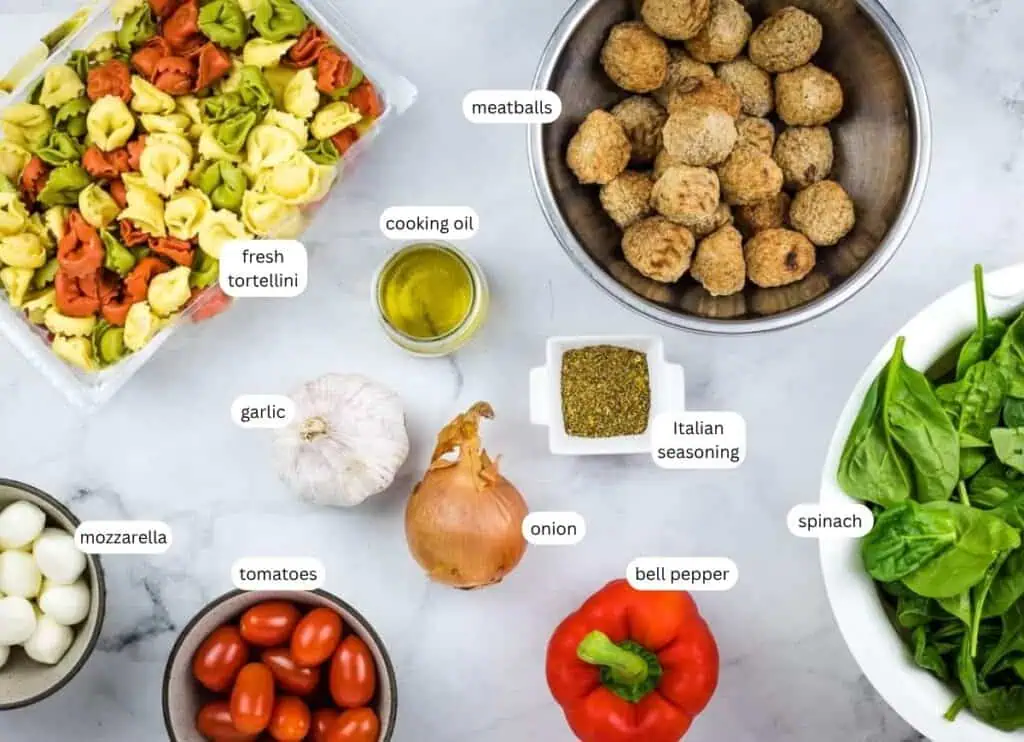 Top-down view of labeled ingredients for a recipe, including fresh tortellini, meatballs, cooking oil, Italian seasoning, spinach, bell pepper, onion, garlic, tomatoes, and mozzarella.