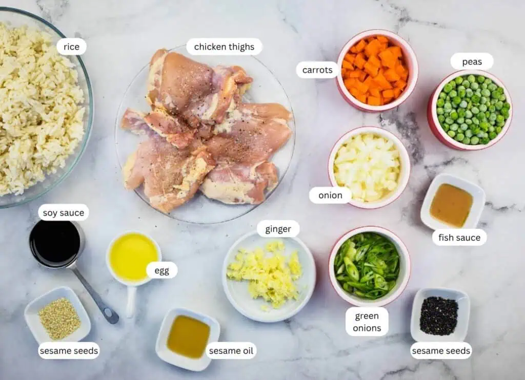 Ingredients for a chicken fried rice recipe displayed on a marble surface, including chicken thighs, rice, vegetables, sauces, sesame seeds, oil, egg, and seasonings.