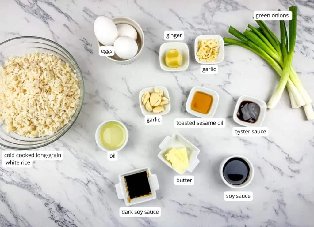 Ingredients for fried rice arranged on a marble surface: cooked rice, eggs, green onions, ginger, garlic, oil, butter, sesame oil, soy sauce, dark soy sauce, and oyster sauce.
