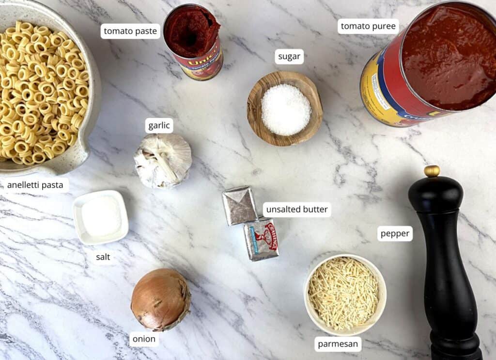 Ingredients for pasta sauce are arranged on a marble surface, including anelletti pasta, tomato paste, tomato puree, sugar, garlic, butter, pepper, parmesan, salt, and an onion.
