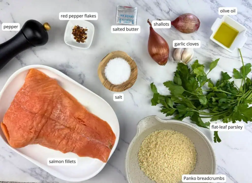 Ingredients for a salmon recipe laid out on a countertop, including salmon fillets, panko breadcrumbs, garlic, shallots, parsley, butter, olive oil, salt, pepper, and red pepper flakes.