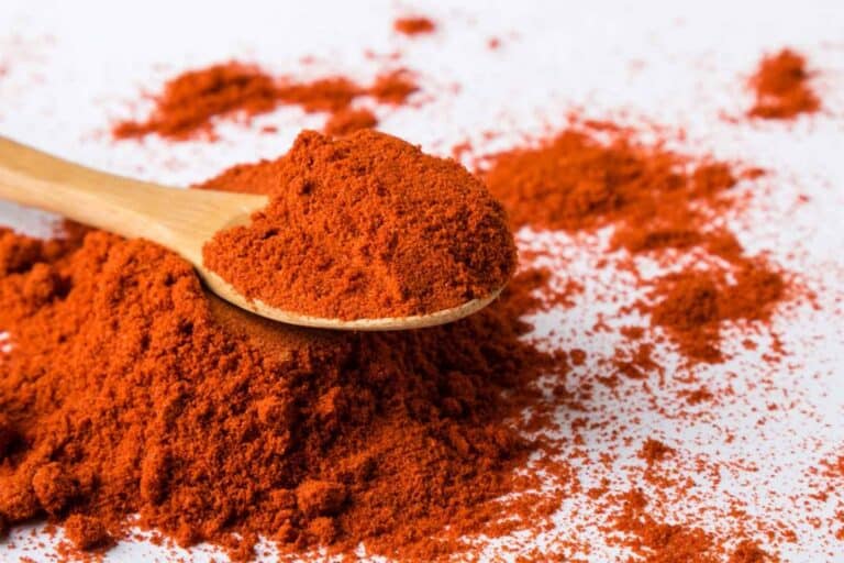 A wooden spoon filled with bright red paprika powder rests on a pile of loose paprika scattered on a white surface.