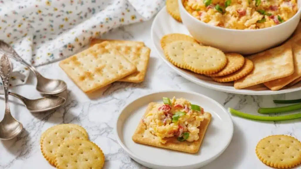 A plate of rectangular and round crackers, some topped with a creamy spread and green garnish, sits on a marble surface near a bowl of dip and scattered utensils.