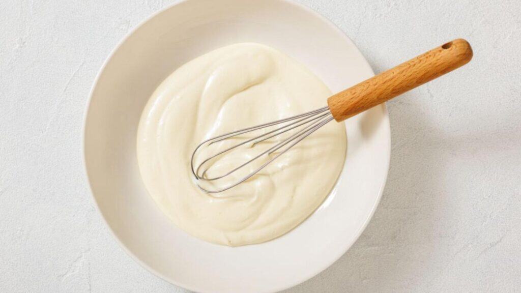 A metal whisk rests in a white bowl filled with a smooth, creamy white mixture on a light surface.