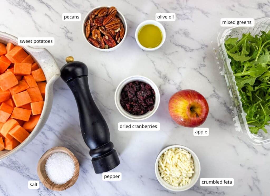 Ingredients for a salad on a marble countertop: chopped sweet potatoes, salt, pepper, pecans, olive oil, dried cranberries, apple, mixed greens, and crumbled feta.