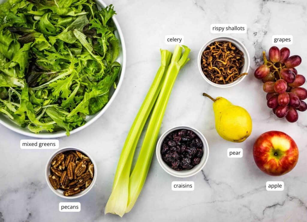 A bowl of mixed greens, celery stalks, red grapes, a pear, an apple, pecans, crispy shallots, and craisins arranged on a marble surface, each labeled.