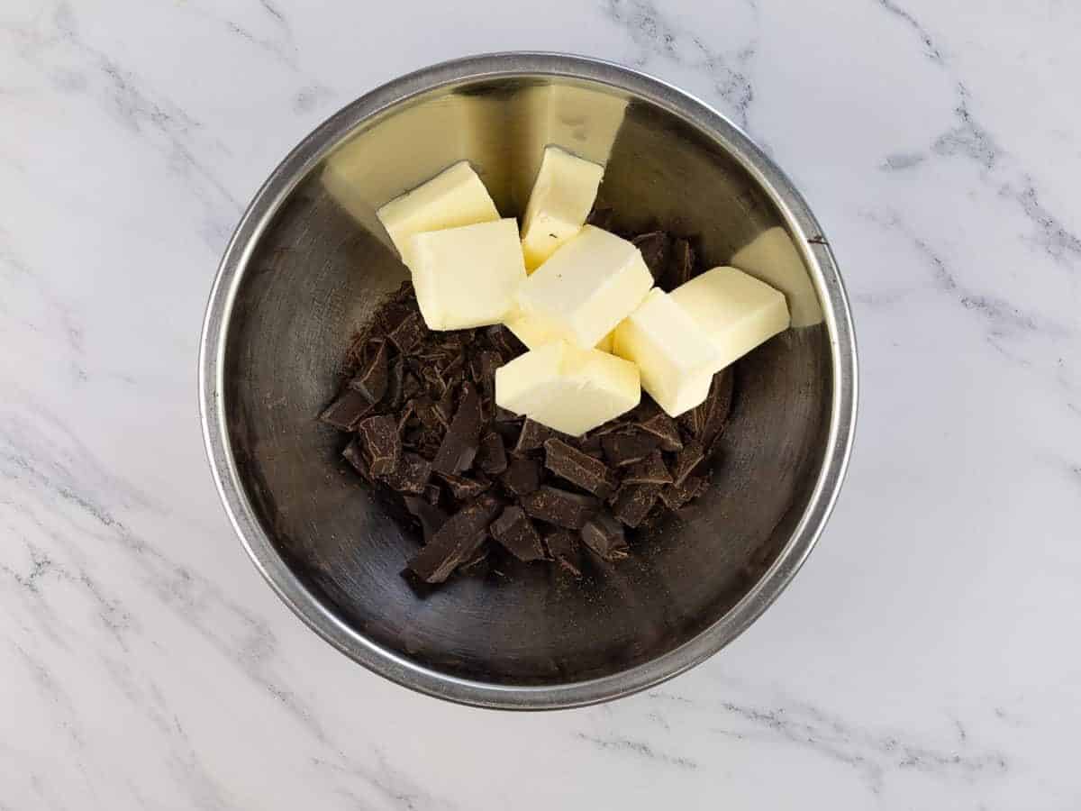 Chocolate and butter in a bowl ready to be melted.
