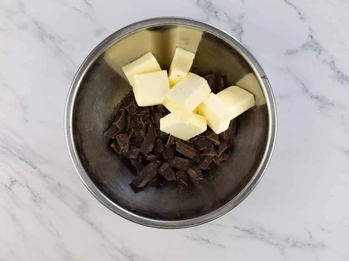 Chocolate and butter in a bowl ready to be melted.
