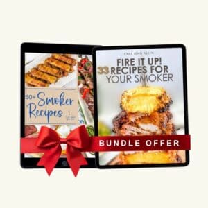 Two digital tablets display smoker recipe e-books, one titled “50+ Smoker Recipes” and the other “Fire It Up! 33 Recipes for Your Smoker,” with a red ribbon labeled “Bundle Offer.”.