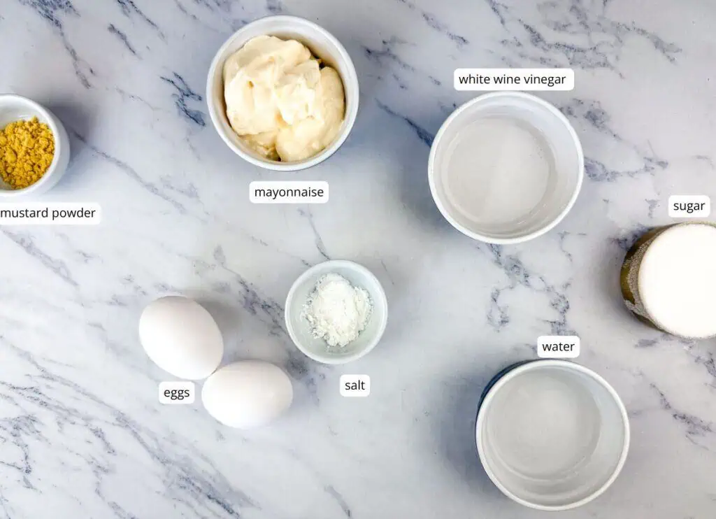 Ingredients on a marble surface: mustard powder, mayonnaise, white wine vinegar, sugar, water, salt, and two eggs, each labeled.