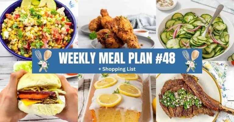 A collage of various dishes including salad, fried chicken, cucumber salad, burger, lemon cake, and lamb chops, with a banner reading “Weekly Meal Plan #48 + Shopping List.”.