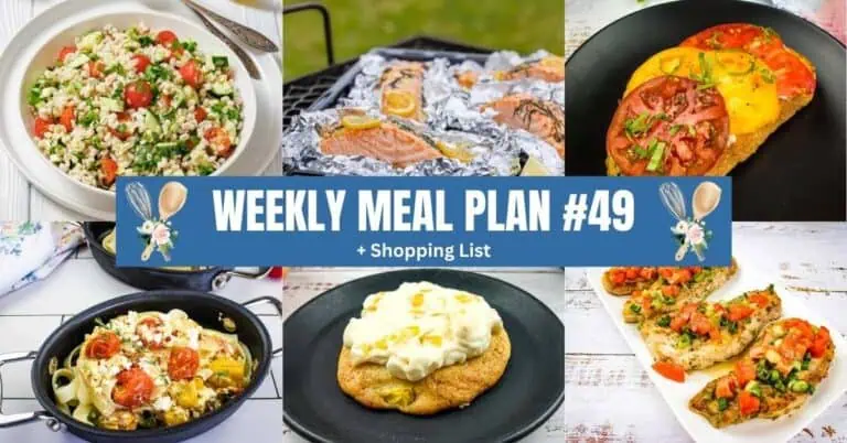 A collage of six different meals, from salads and grilled salmon to pasta, cookies, and toast, highlights the weekly meal plan. A banner reading "Weekly Meal Plan #49 + Shopping List" stretches across the center.