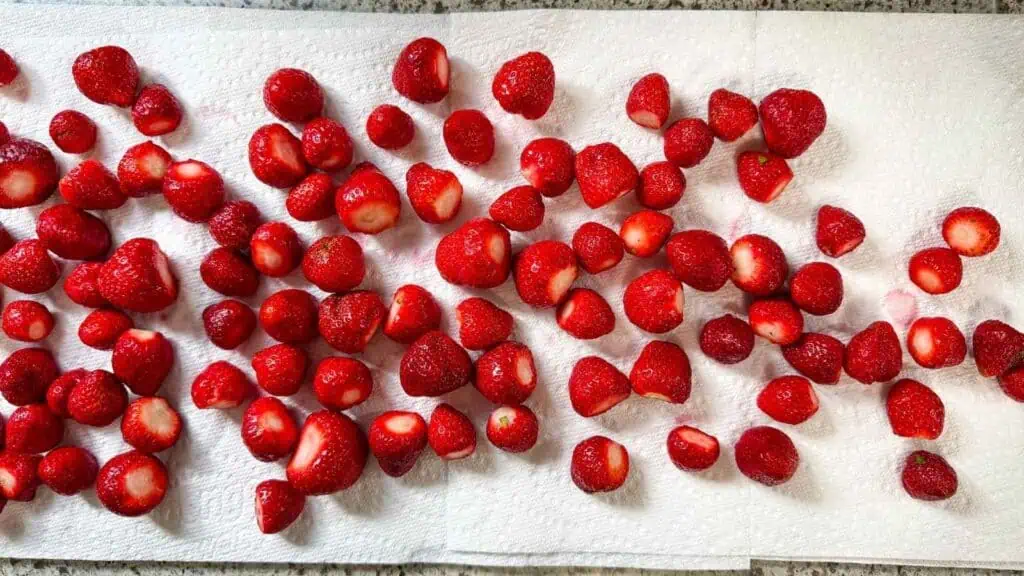 Several washed and hulled strawberries are spread out on a white paper towel on a countertop, drying.