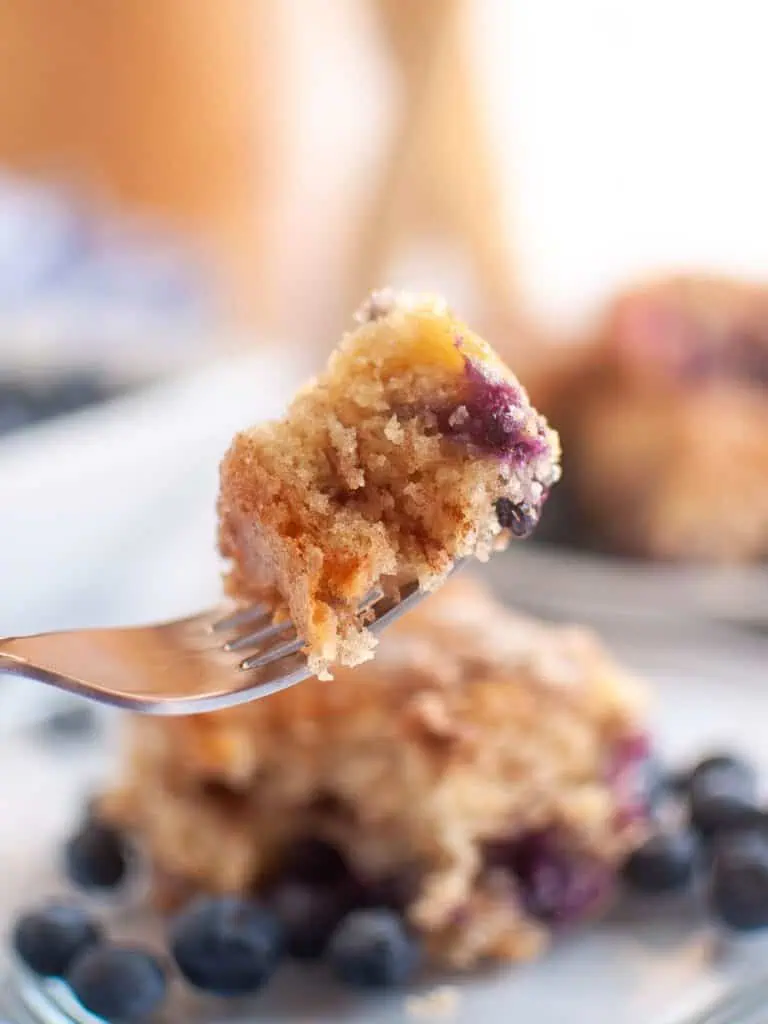 A fork holds a bite of blueberry coffee cake, with a plate of cake and fresh blueberries blurred in the background.