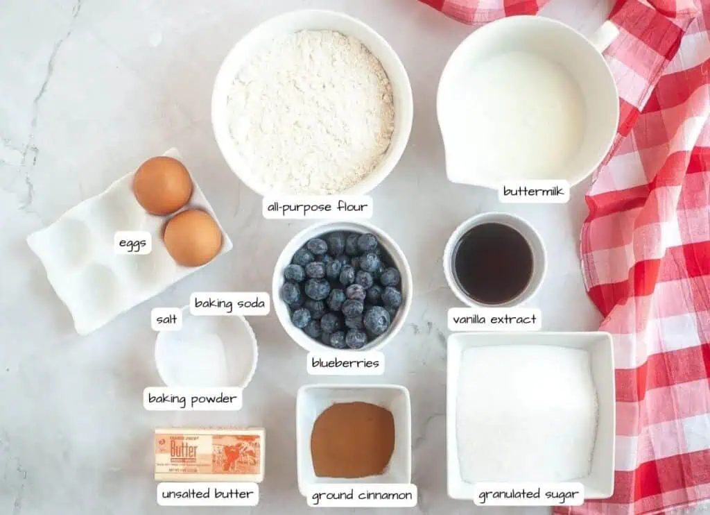 Overhead view of labeled ingredients for baking: eggs, all-purpose flour, buttermilk, vanilla extract, sugar, cinnamon, butter, baking powder, baking soda, salt, and blueberries.