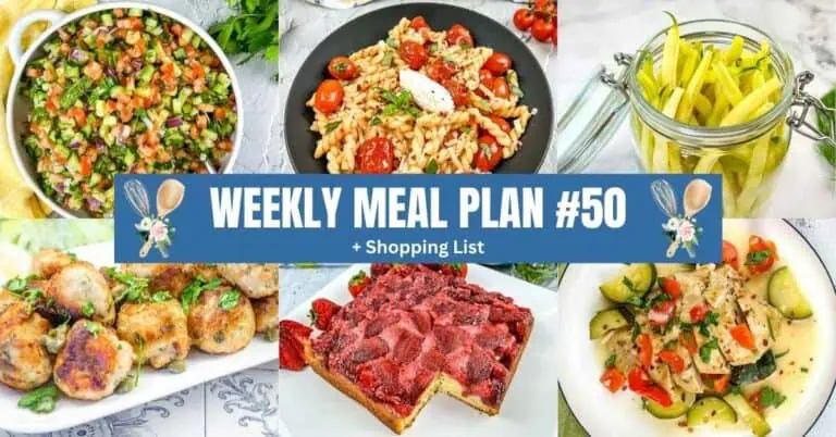 A collage of six dishes including salad, pasta, yellow beans in a jar, roasted meat, strawberry dessert, and chicken with vegetables, labeled "Weekly Meal Plan #50 + Shopping List.