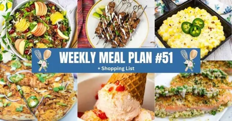 Weekly meal plan banner with images of a salad, grilled skewers, creamed corn, pizza, ice cream cone, and baked salmon, plus “Weekly Meal Plan #51 + Shopping List” text in the center.