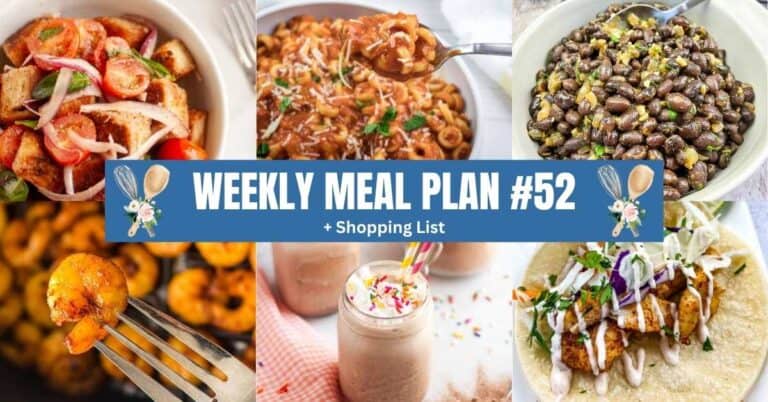 A collage of six different meals with a blue banner across the center reading "Weekly Meal Plan #52 + Shopping List," decorated with kitchen utensils and flowers, perfectly captures the delicious variety in this week's meal plan.