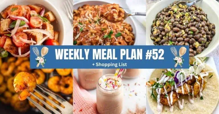A collage of six different meals with a blue banner across the center reading "Weekly Meal Plan #52 + Shopping List," decorated with kitchen utensils and flowers, perfectly captures the delicious variety in this week's meal plan.