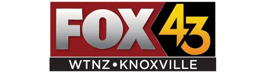 FOX 43 WTNZ Knoxville logo featuring bold silver, yellow, and white text on a red and black background.