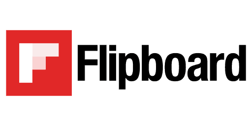Flipboard logo featuring a stylized white "F" on a red square next to the word "Flipboard" in bold black letters on a white background.