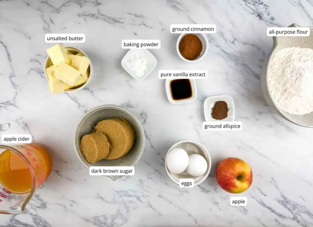 Measured ingredients for baking on a marble surface, including butter, baking powder, cinnamon, flour, apple cider, brown sugar, vanilla, allspice, eggs, and an apple.