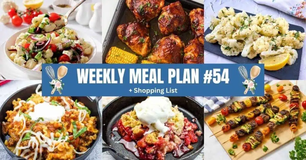 A collage of six different meals surrounds a blue banner reading “Weekly Meal Plan #54 + Shopping List.” Dishes include salads, grilled meat, roasted vegetables, and a dessert.