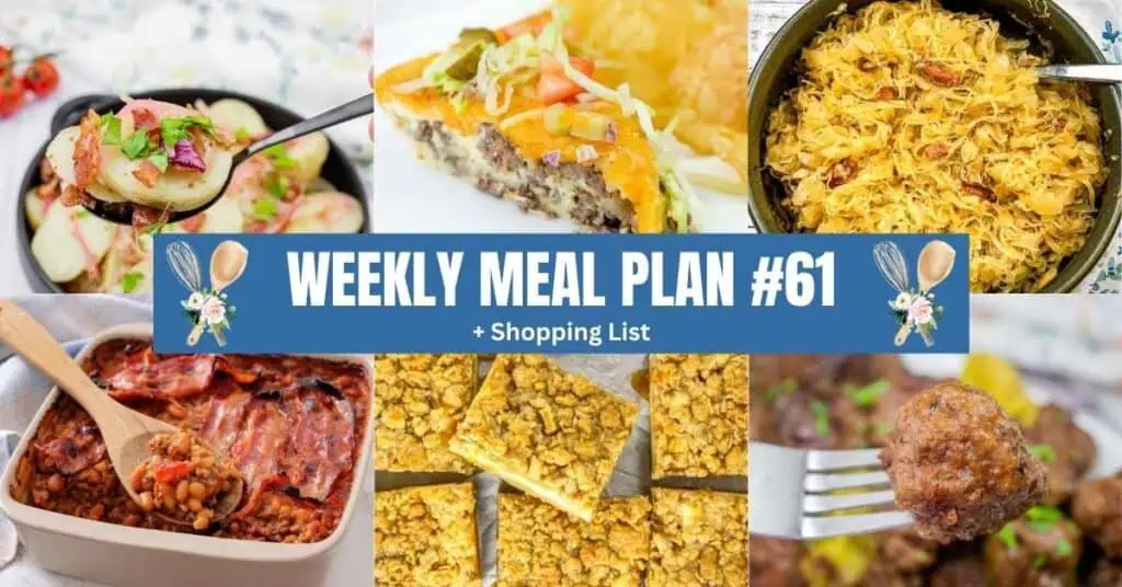 A collage of six homemade dishes surrounds a blue banner reading “Weekly Meal Plan #61 + Shopping List,” featuring casseroles, baked goods, vegetables, and meatballs.