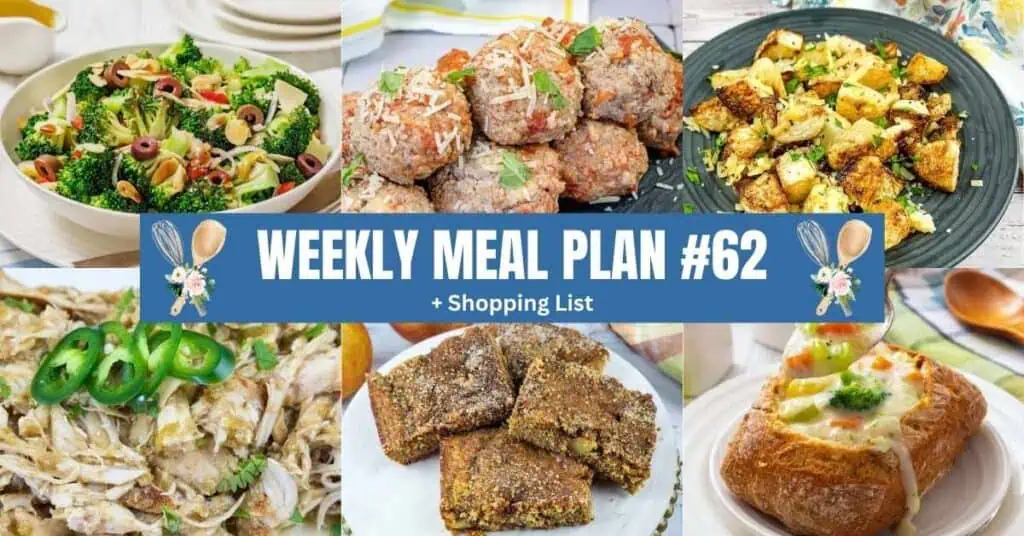 A collage of six prepared dishes surrounding a blue banner that reads “Weekly Meal Plan #62 + Shopping List” with food and kitchen utensil graphics.