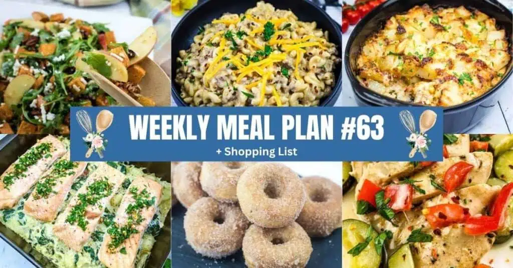 Collage of six prepared meals, including salad, macaroni, potato bake, salmon, donuts, and chicken, with text reading “Weekly Meal Plan #63 + Shopping List.”