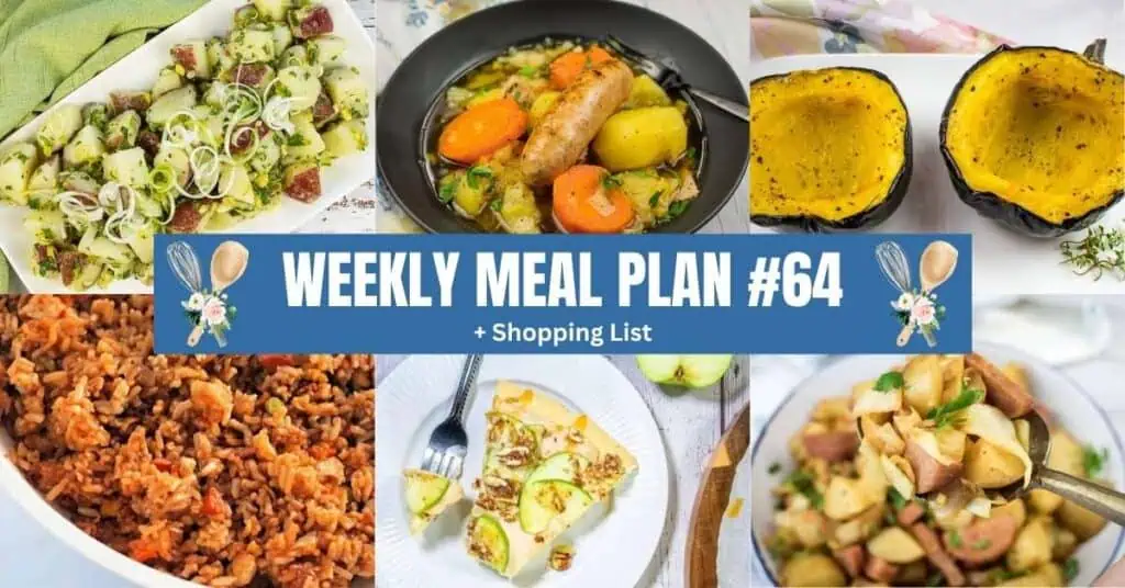 Collage of six different meals with text overlay: Weekly Meal Plan #64 + Shopping List.