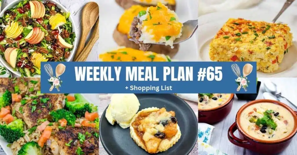 A collage of six different meals including salad, a meat and potato dish, a baked casserole, chicken with vegetables, a fruit tart with ice cream, and a bowl of soup, with text reading “WEEKLY MEAL PLAN #65”.